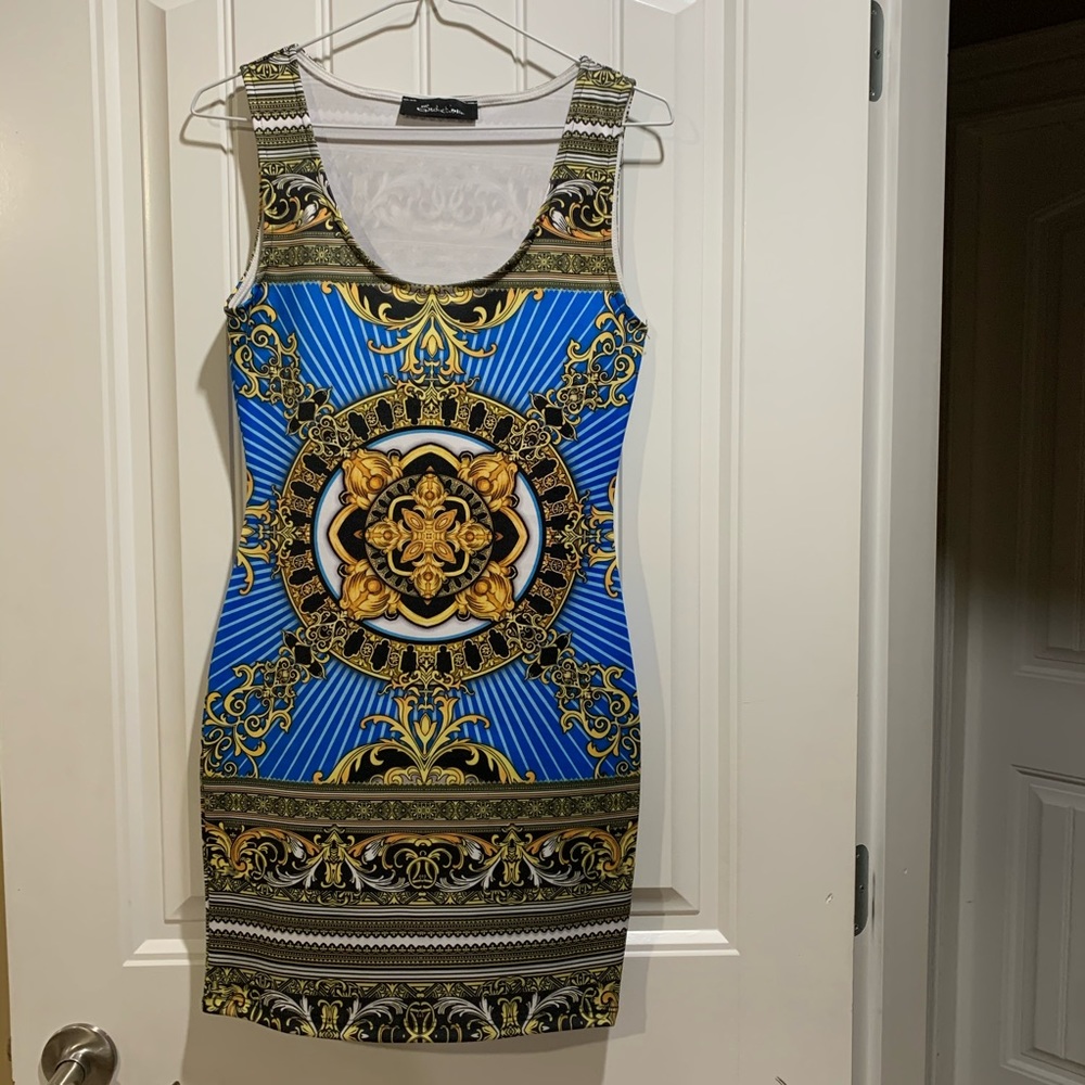 Blue & gold printed mini dress
